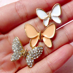 Enameled Metal Butterfly Cabochon with Clear Rhinestones (27mm x 52mm) Bling Bling Bridal Bridesmaid Jewellery Making Cellphone Deco CAB303