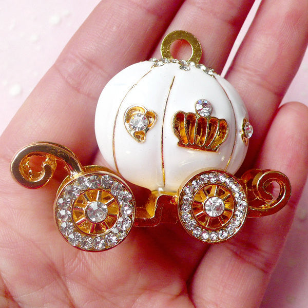 Cinderella Pumpkin Carriage Metal Cabochon (White, Gold w/ Clear Rhinestones) (45mm x 46mm) Cell Phone Decoden Jewelry Making CAB304