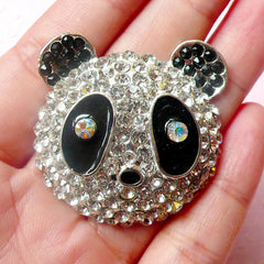 Panda Metal Cabochon (Silver with AB, Clear, Black Rhinestones / 38mm) Kawaii Animal Bling Bling Cell Phone Deco Decoden Scrapbooking CAB309