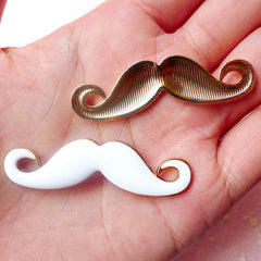 Metal Mustache Cabochon / Kawaii Moustache Charm (2pcs / 48mm x 13mm / White) Kitsch Jewelry Whimsical Decoration Decoden Supplies CAB320