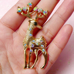 Reindeer Metal Cabochon (Gold w/ AB Clear Rhinestones / 28mm x 61mm) Animal Phone Case Deco Scrapbooking Christmas Decoration Decoden CAB328