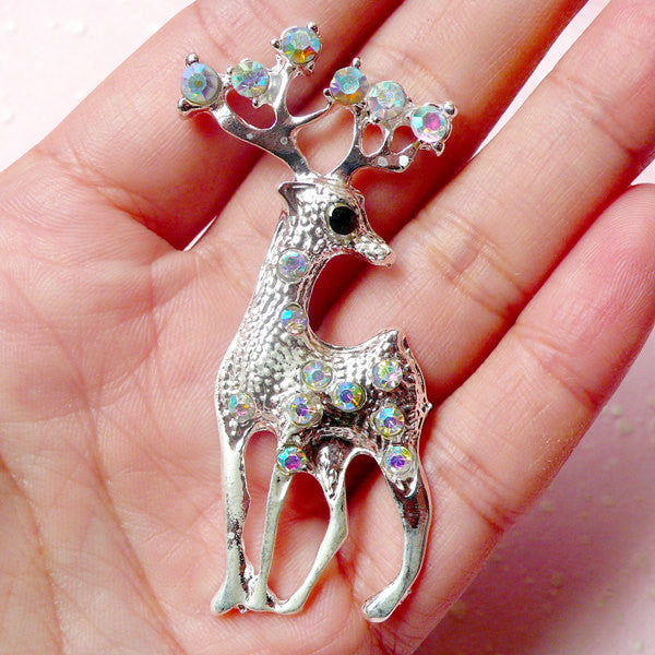 Reindeer Metal Cabochon (Silver w/ AB Clear Rhinestones / 28mm x 61mm) Phone Case Deco Scrapbooking Christmas Decoration Decoden CAB329