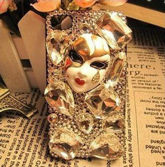 Mask Metal Cabochon (White, Gold w/ Clear Rhinestones) (32mm x 43mm) Cell Phone Deco Jewelry Making Decoden Scrapbooking CAB307