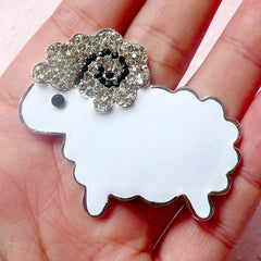 Sheep Cabochon Lamb Metal Cabochon (White with Clear Rhinestones / 49mm x 41mm) Kawaii Animal Bling Bling Cell Phone Deco Decoden CAB308