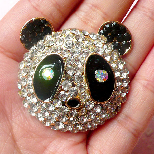 Panda Metal Cabochon (Gold with AB, Clear, Black Rhinestones / 38mm) Kawaii Animal Bling Bling Cell Phone Deco Decoden Scrapbooking CAB310