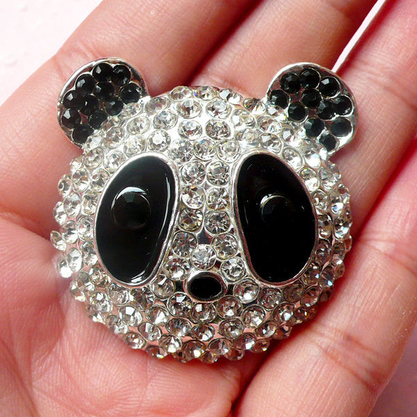 Panda Metal Cabochon (Silver with Clear, Black Rhinestones / 38mm) Kawaii Animal Bling Bling Cell Phone Deco Decoden Scrapbooking CAB311
