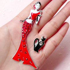 Lady and Cat Metal Cabochon w/ Red and Clear Rhinestones (23mm x 78mm) Cell Phone Deco Jewelry Making Decoden Scrapbooking CAB322