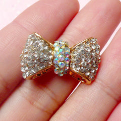 Bow Bowtie Metal Cabochon (Gold with Clear and AB Clear Rhinestones / 24mm x 14mm) Phone Case Decoden Scrapbooking Earring Making CAB326