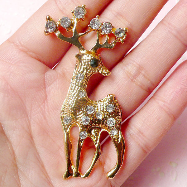 Reindeer Metal Cabochon (Gold with Clear Rhinestones / 28mm x 61mm) Animal Phone Case Deco Scrapbooking Christmas Decoration Decoden CAB327