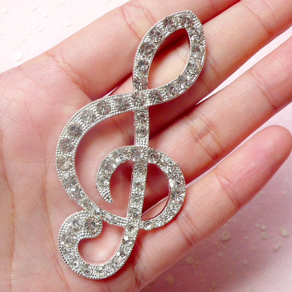 Silver Music Note Symbol Cabochon / Alloy Metal G Clef Cabochon with Clear Rhinestones (35mm x 73mm) Phone Case Deco Scrapbooking CAB333