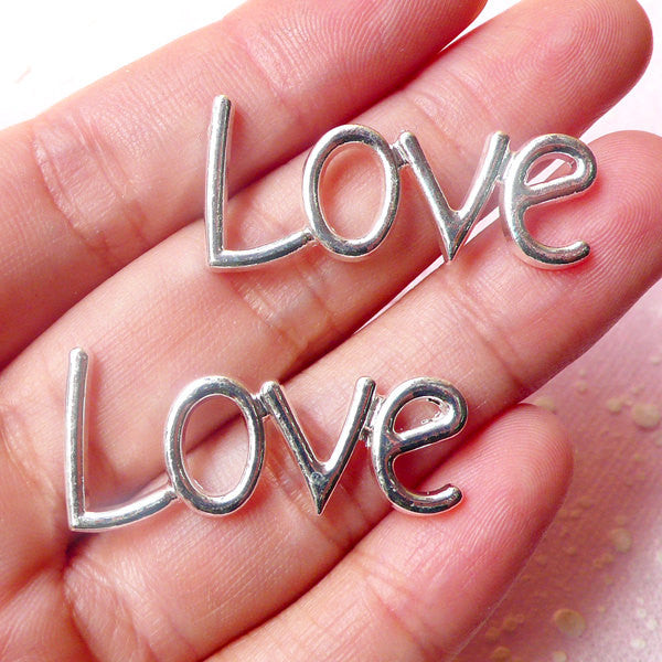 Love Cabochon (Silver / 33mm x 15mm / 2pcs) Kawaii Decoden Bracelet Pendant Jewelry Making Scrapbooking Phone Case Deco Valentines CAB334
