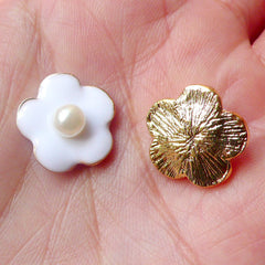 CLEARANCE White Flower Cabochon (White & Gold w/ White Pearl / 15mm / 2pcs) Jewelry Earrings Hair Clip Making Scrapbooking Phone Case Decoden CAB336