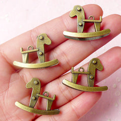 3D Rocking Horse Charms (4pcs) (26mm x 20mm / Antique Bronze / 2 Sided) Cute Pendant Bracelet Earrings Zipper Pulls Bookmark Keychain CHM578