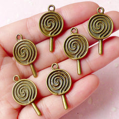 Kawaii Lollipop Charms (6pcs) (14mm x 27mm / Antique Bronze) Miniature Sweets Bracelet Earrings Zipper Pulls Bookmark Keychains CHM579