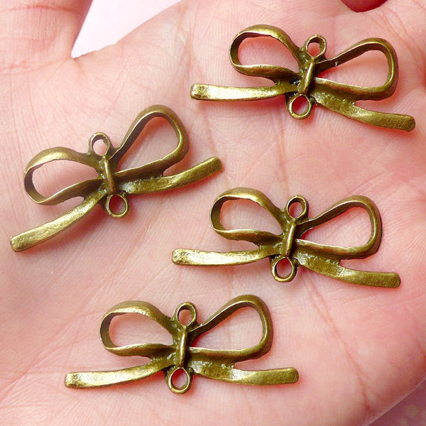 CLEARANCE Ribbon Charms / Connectors (4pcs) (33mm x 13mm / Antique Bronze) Metal Findings Pendant Bracelet Earrings Zipper Pulls Keychains CHM582