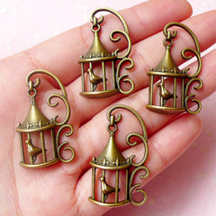 Bird Cage Charms (4pcs) (20mm x 34mm / Antique Bronze) Metal Finding Pendant Bracelet Earrings Zipper Pulls Bookmark Keychains CHM595