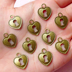 Heart Key Lock Charms (10pcs) (13mm x 16mm / Antique Bronze / 2 Sided) Valentines Bracelet Earrings Zipper Pulls Bookmarks Key Chains CHM606