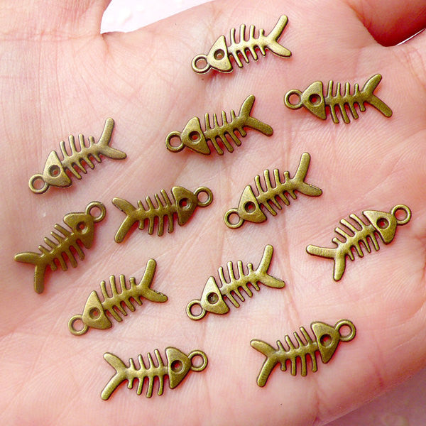 Fish Bone Charms (12pcs) (7mm x 17mm / Antique Bronze / 2 Sided) Fish Charm Pendant Bracelet Earrings Zipper Pulls Bookmark Keychains CHM608