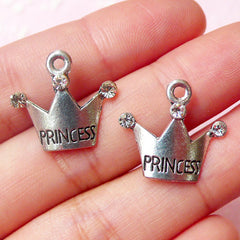 Princess Crown Charms w/ Clear Rhinestones (2pcs) (19mm x 17mm / Tibetan Silver) Kawaii Pendant Bling Bracelet Earrings Zipper Pulls CHM613