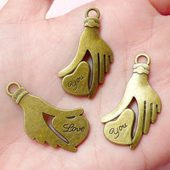 Love You Charms w/ Hand & Heart (3pcs) (20mm x 34mm / Antique Bronze / 2 Sided) Pendant Valentines Bracelet Bookmark Keychains CHM605