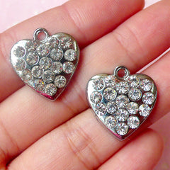 Heart Charms w/ Clear Rhinestones (2pcs) (19mm x 20mm / Tibetan Silver) Love Pendant Valentines Bracelet Earrings Zipper Pulls CHM612