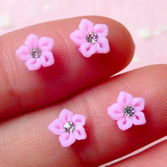 Tiny Pink Flower Cabochon w/ Clear Rhinestones (4pcs) (6mm) Fake Miniature Cupcake Topper Earring Making Nail Art Nail Decoration NAC134