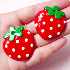 Strawberry Decoden Cabochon Kawaii Applique (2pcs / 37mm x 41mm / Flatback) Resin Fruit Cabochon Cute Scrapbook Food Magnet Making FCAB209