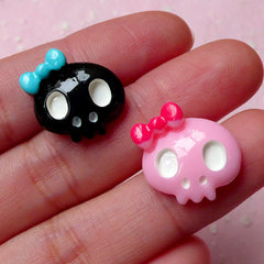 Kawaii Decoden Skull Cabochon with Bow (2pcs / 17mm x 16mm / Pink & Black / Flat Back) Princess Skull Cell Phone Deco Hair Pin Making CAB344