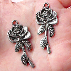 CLEARANCE Flower Rose Charms w/ Leaf (2pcs) (19mm x 43mm / Tibetan Silver) Floral Findings Pendant Bracelet Earrings Zipper Pulls Keychain CHM630