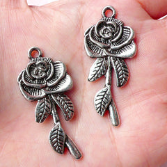 CLEARANCE Flower Rose Charms w/ Leaf (2pcs) (19mm x 43mm / Tibetan Silver) Floral Findings Pendant Bracelet Earrings Zipper Pulls Keychain CHM630