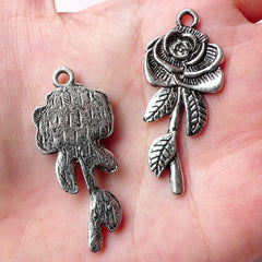 CLEARANCE Flower Rose Charms w/ Leaf (2pcs) (19mm x 43mm / Tibetan Silver) Floral Findings Pendant Bracelet Earrings Zipper Pulls Keychain CHM630