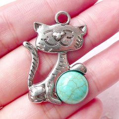 Cat Charms w/ Blue Green Turquoise (1pc) (25mm x 33mm / Tibetan Silver) Animal Charm Pendant Bracelet Earrings Zipper Pulls Keychain CHM639