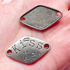 Kiss Me Tag Charms / Connectors (4pcs) (33mm x 20mm / Tibetan Silver) Valentines Pendant Love Bracelet Earrings Zipper Pulls Keychain CHM643