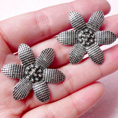 Big Flower Charms (2pcs) (32mm / Tibetan Silver) Metal Findings Floral Pendant Bracelet Earrings Zipper Pulls Keychains Bookmark CHM660