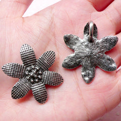 Big Flower Charms (2pcs) (32mm / Tibetan Silver) Metal Findings Floral Pendant Bracelet Earrings Zipper Pulls Keychains Bookmark CHM660