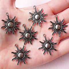 Sun Charms (6pcs) (24mm x 27mm / Tibetan Silver) Metal Findings Pendant Bracelet Solar Earrings Zipper Pulls Bookmark Keychains CHM632