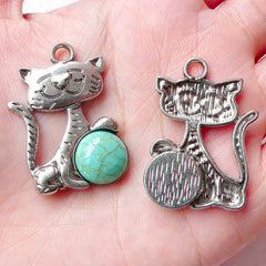 Cat Charms w/ Blue Green Turquoise (1pc) (25mm x 33mm / Tibetan Silver) Animal Charm Pendant Bracelet Earrings Zipper Pulls Keychain CHM639