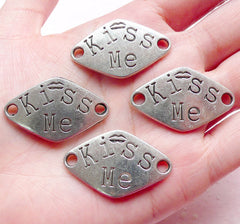 Kiss Me Tag Charms / Connectors (4pcs) (33mm x 20mm / Tibetan Silver) Valentines Pendant Love Bracelet Earrings Zipper Pulls Keychain CHM643