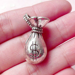 CLEARANCE 3D Money Bag Charms (1pc) (15mm x 28mm / Tibetan Silver) Cash Charms Pendant Bracelet Earrings Zipper Pulls Bookmarks Key Chains CHM644