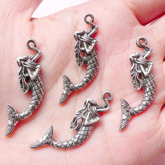 Mermaid Charms (4pcs) (34mm x 12mm / Tibetan Silver) Metal Findings Pendant Bracelet Earrings Zipper Pulls Bookmark Keychains CHM663