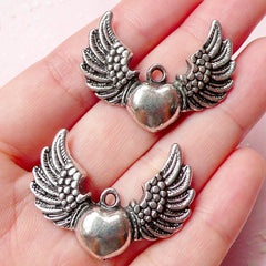 Winged Heart Charms (2pcs) (35mm x 27mm / Tibetan Silver) Angel Wing Charms Pendant Bracelet Earrings Zipper Pulls Keychain Bookmark CHM693