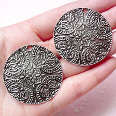 Round Charms w/ Oriental Flower Pattern (2pcs) (38mm / Tibetan Silver) Bookmark Pendant Bracelet Earrings Zipper Pulls Keychains CHM674