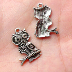 Owl On A Branch Charms (6pcs) (14mm x 21mm / Tibetan Silver) Animal Bird Findings Pendant Bracelet Earrings Zipper Pulls Keychain CHM683