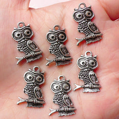 Owl On A Branch Charms (6pcs) (14mm x 21mm / Tibetan Silver) Animal Bird Findings Pendant Bracelet Earrings Zipper Pulls Keychain CHM683