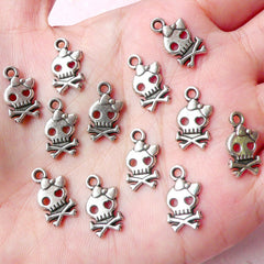 Kawaii Lady Skull Charms (12pcs) (9mm x 16mm / Tibetan Silver) Findings Pendant Bracelet Earrings Zipper Pulls Bookmarks Key Chains CHM687