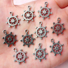 Mini Ship Wheel Charms Nautical Charms (10pcs) (15mm x 18mm / Tibetan Silver) Pendant Bracelet Earrings Zipper Pulls Keychains CHM692