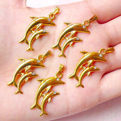 Dolphin Charms w/ Rhinestones (5pcs) (28mm x 16mm / Gold) Metal Findings Pendant Bracelet Earrings Zipper Pulls Bookmark Keychains CHM722