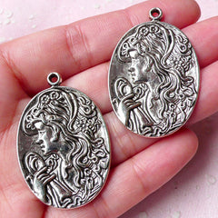 Victorian Lady Cameo Charms (2pcs) (27mm x 41mm / Tibetan Silver) Findings Bookmark Pendant Bracelet Earrings Zipper Pulls Keychains CHM724