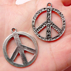 Peace Sign Charms (3pcs) (28mm x 34mm / Tibetan Silver) Dream Hope Charms Pendant Bracelet Earrings Zipper Pulls Keychain Bookmark CHM726