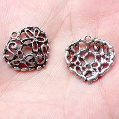 Heart w/ Flower Charms (8pcs) (19mm x 19mm / Tibetan Silver) Valentines Findings Pendant Bracelet Earrings Zipper Pulls Keychains CHM703